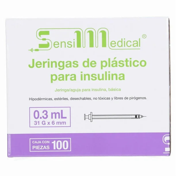 Jeringa plástico insulina .3ml 31gr x 6mm (Sensil Medical) 100 pzas